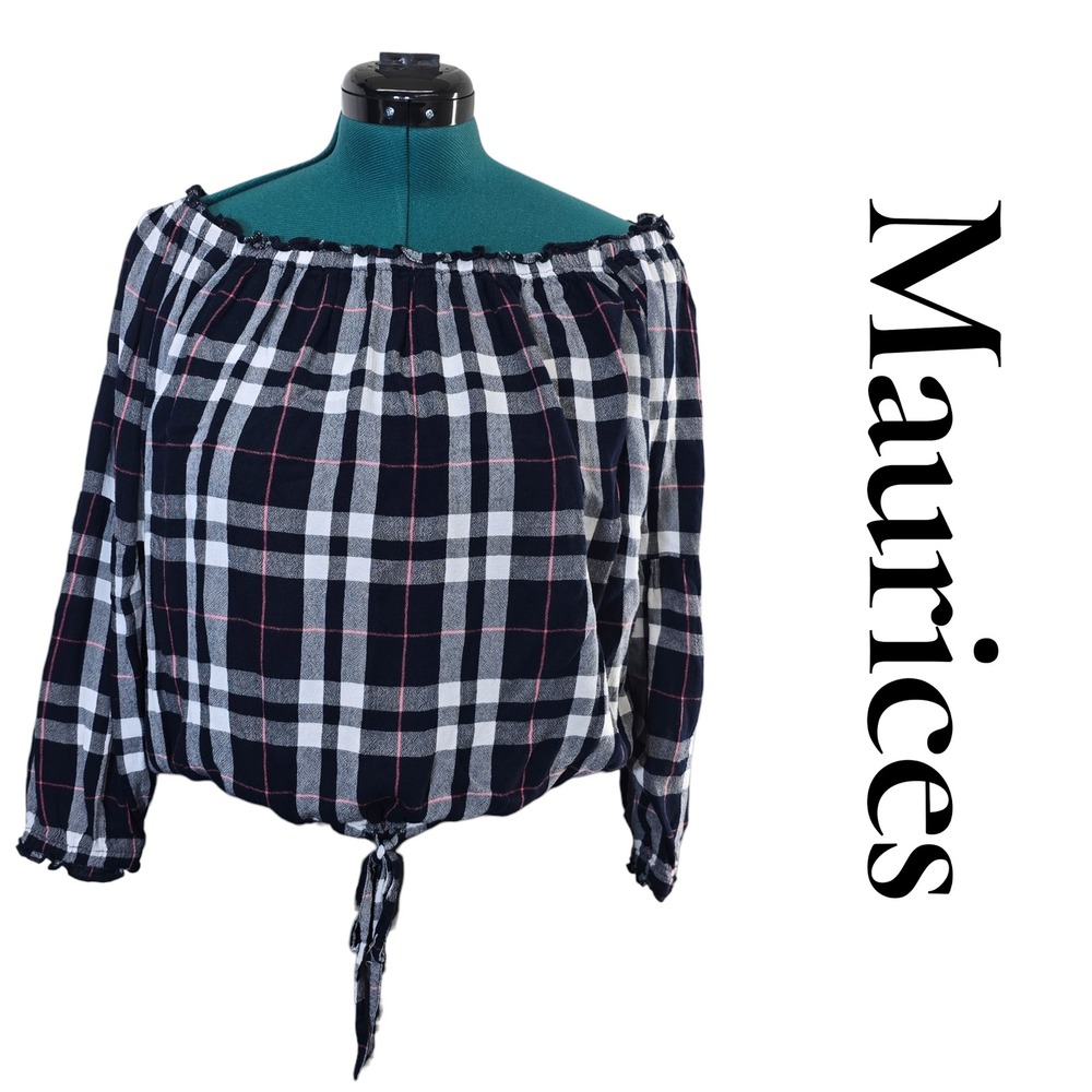 Maurices Womens Off Shoulder Long Sleeve Plaid‎ Tie Front Crop Top Large
